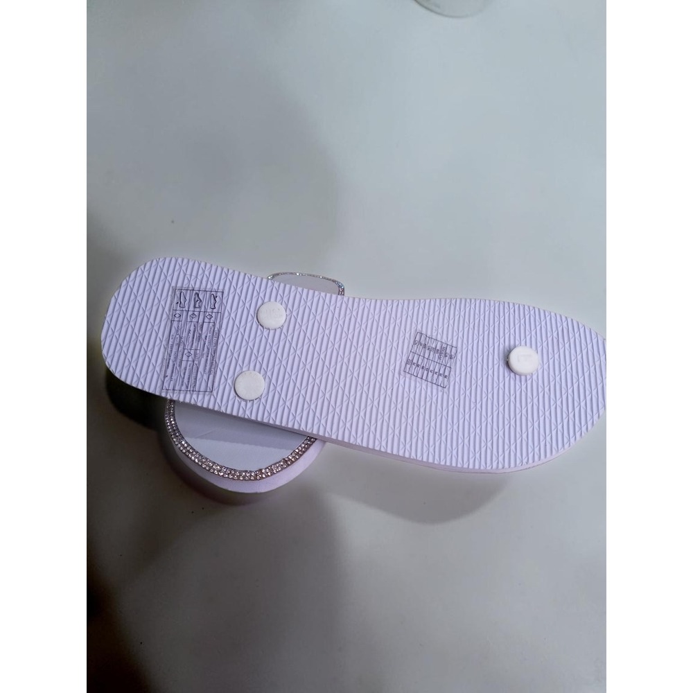 Barbie White Rhinestone Flip Flop Sandals Pink Logo Charm Women Size Large 9-10 - Picture 4 of 5